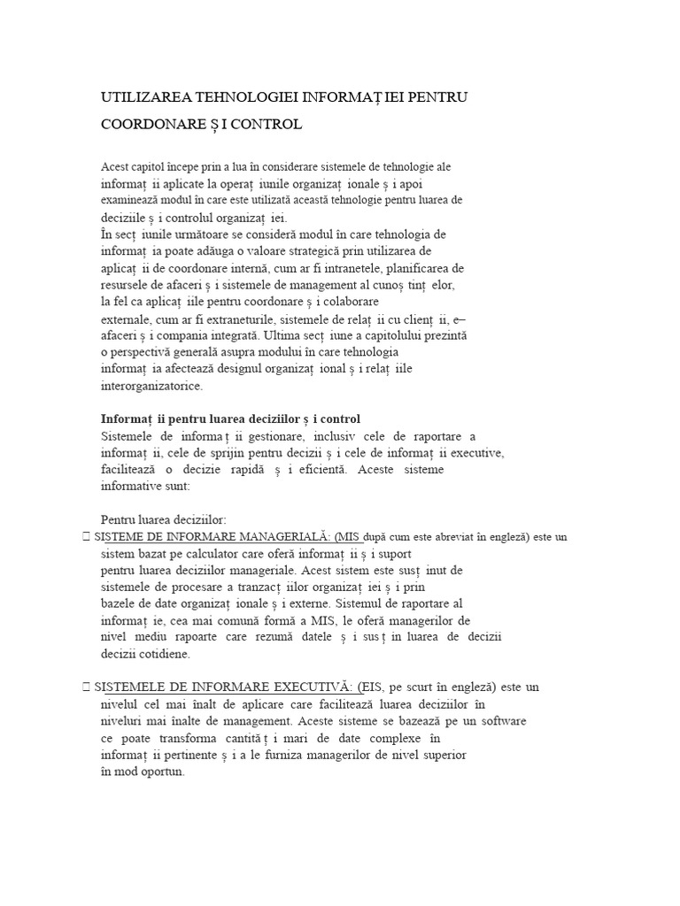 Utilizarea Tehnologiei Informației Pentru Coordonare Și Control | PDF
