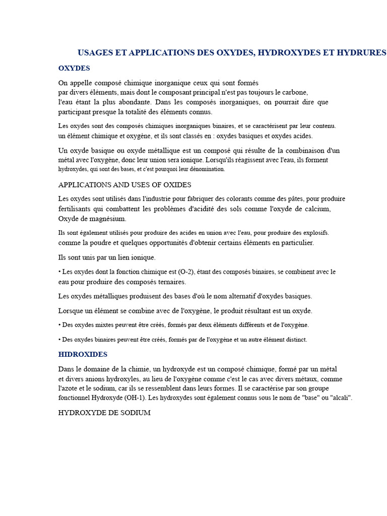 Usages des oxydes et hydroxydes chimiques | PDF | Hydroxyde de sodium ...