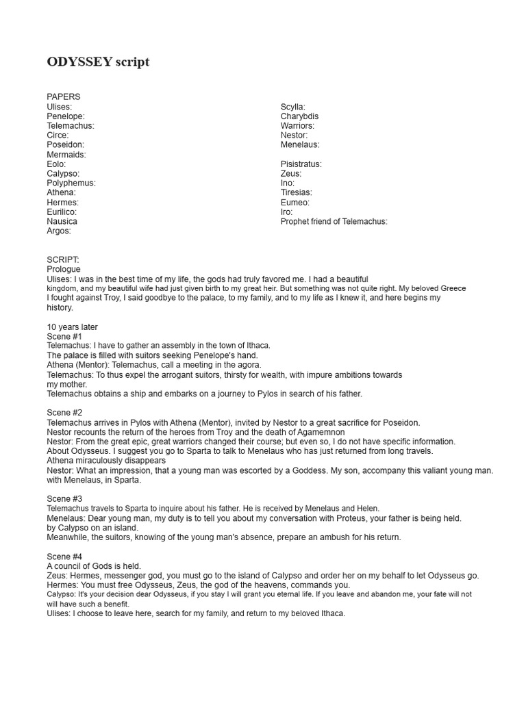 Odyssey Script: Key Events and Characters | PDF | Odyssey | Penelope