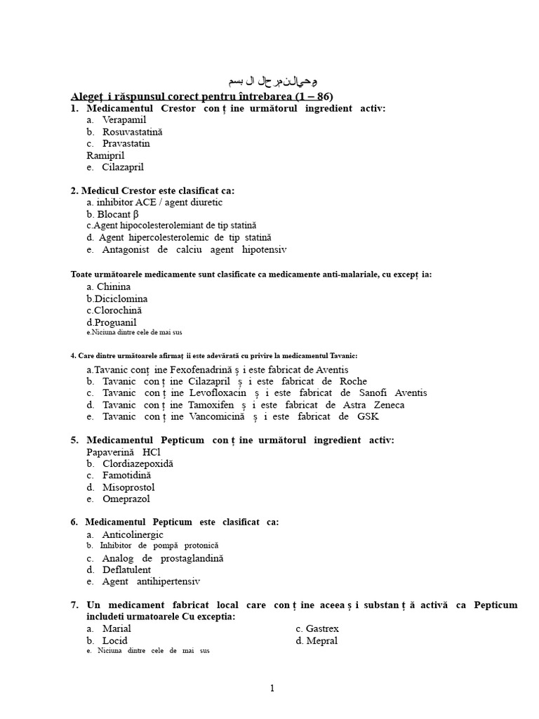 12-03-2009 Model de Examen Pentru Exercitarea Profesiei de Farmacie | PDF