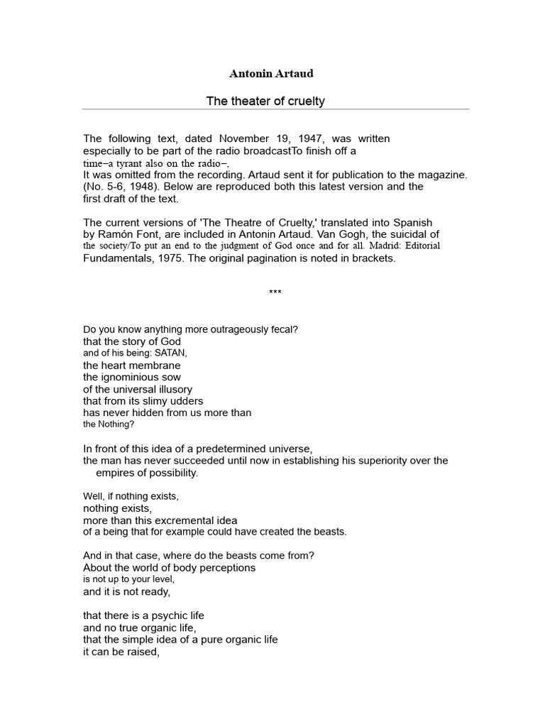 Artaud - Poem The Theater of Cruelty | PDF