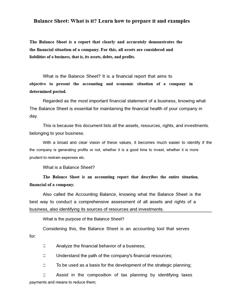 Balance Sheet - What It Is - Learn How To Create It and Examples | PDF ...