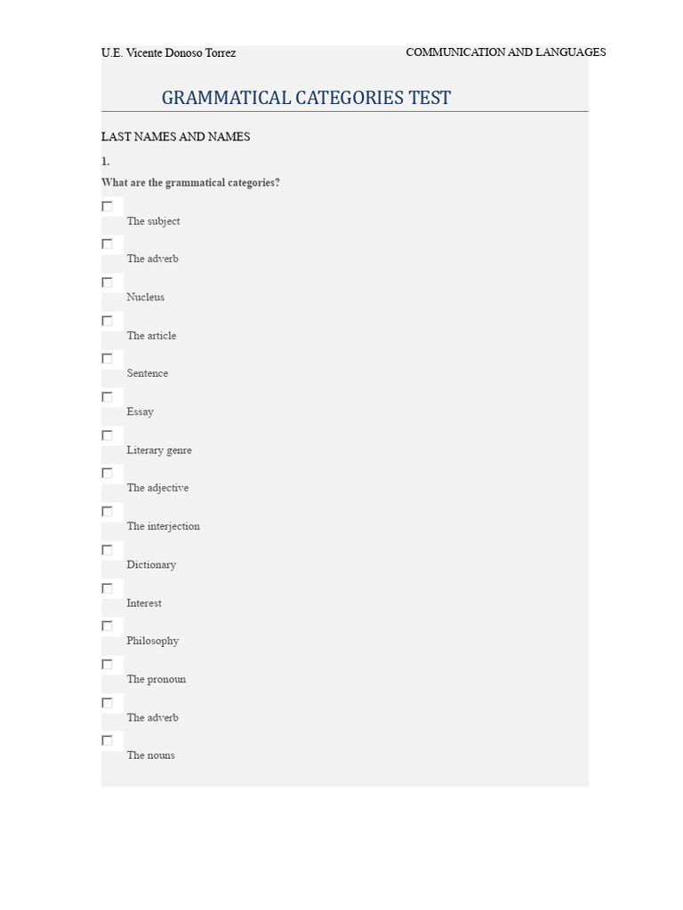 Grammatical Categories Assessment Test | PDF | Adverb | Grammatical Gender