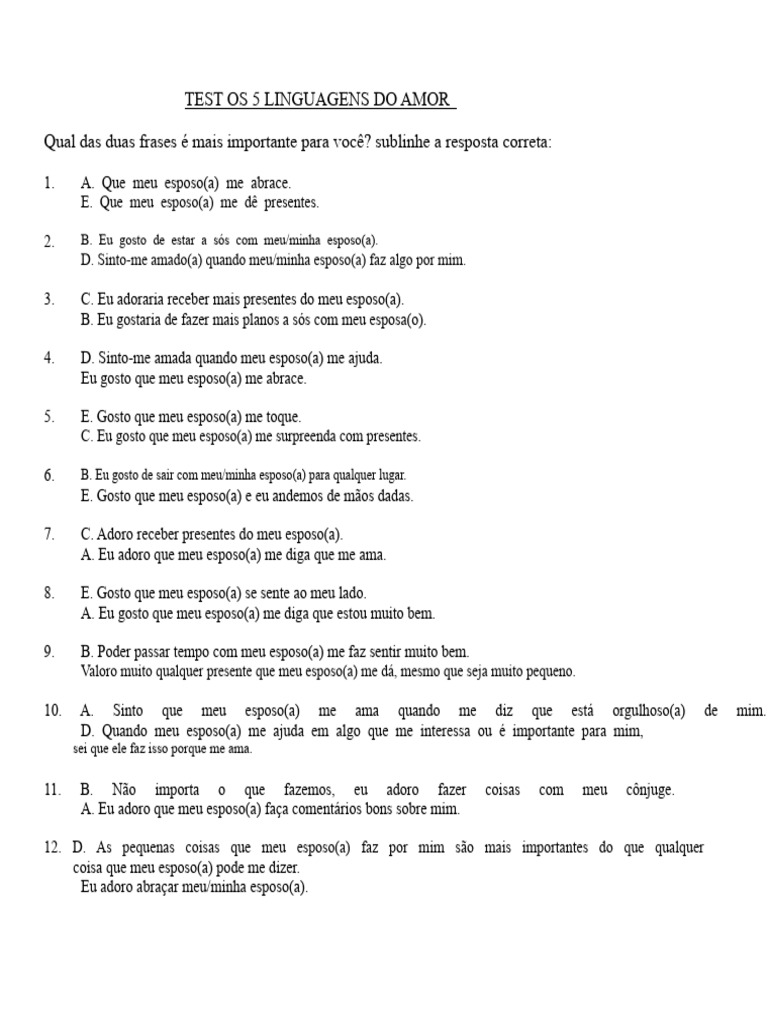 Cópia Do Teste 5 Linguagens Do Amor | PDF | Amor