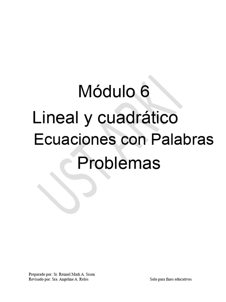 Módulo 6 Lineal y Cuadrático Problemas: Ecuaciones Con Palabras | PDF ...