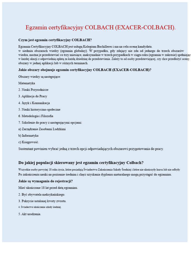 Egzamin Certyfikacyjny COLBACH (EXACER-COLBACH) | PDF