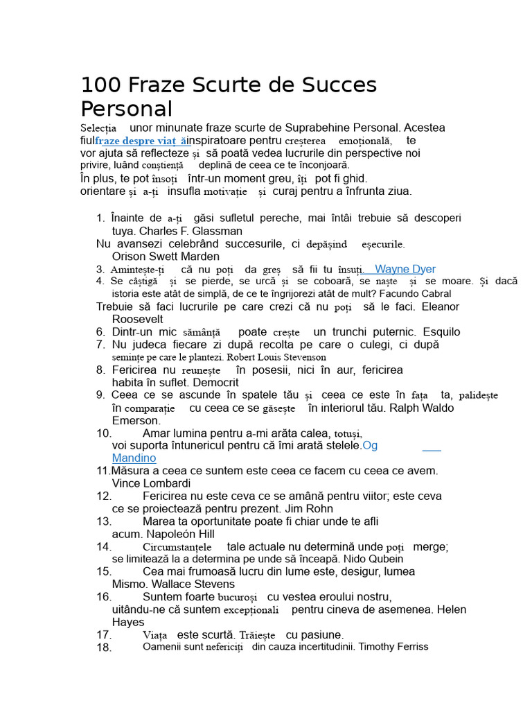 100 Fraze Scurte de Succes Personal | PDF