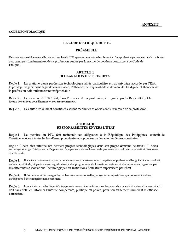 Code de déontologie du PTC | PDF | Éthique professionnelle | Ingénieur