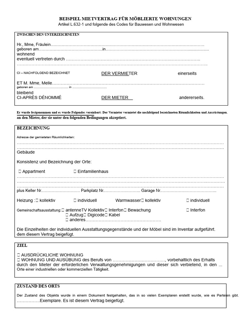 Mustervertrag Für Die Vermietung Von Möbeln | PDF