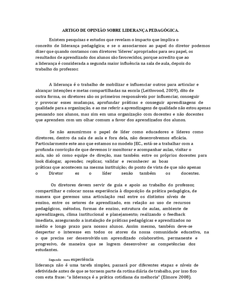 Artigo de Opinião Sobre Liderança Pedagógica | PDF | Pedagogia ...