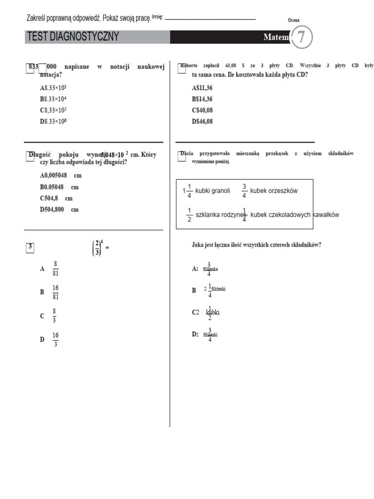 Test Diagnostyczny Z Matematyki Dla Klasy 7 PDF | PDF