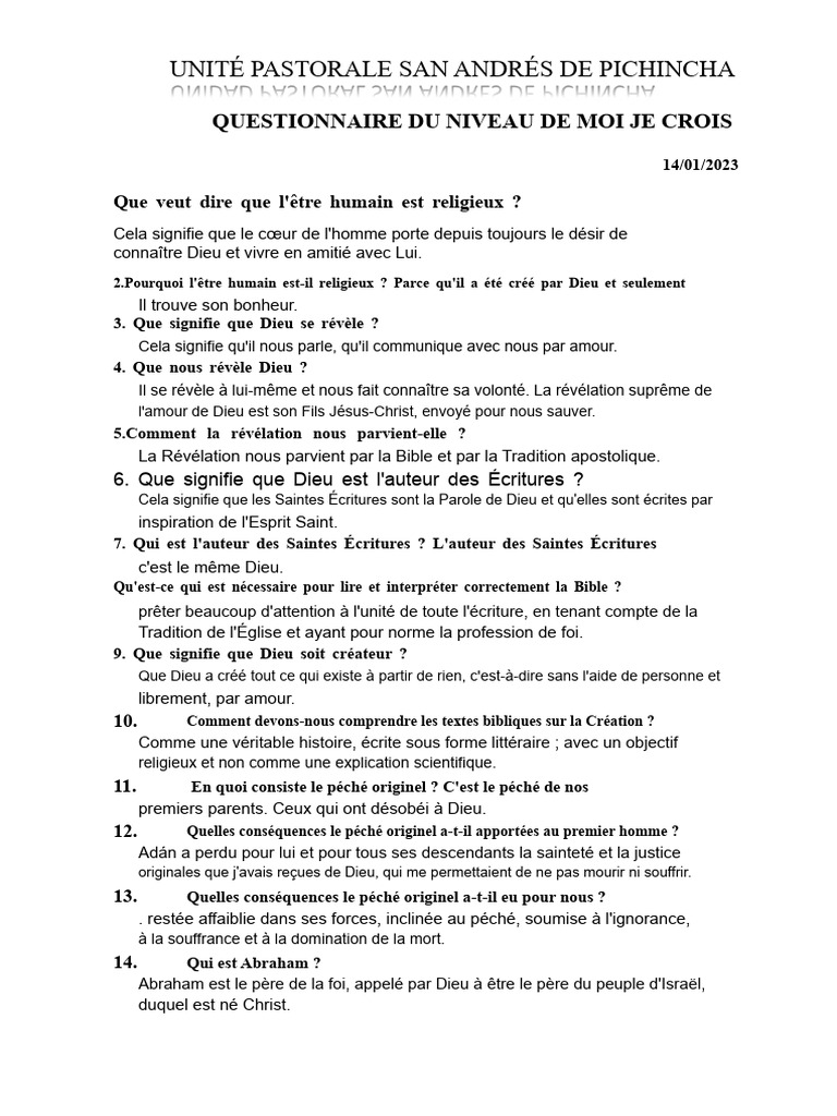Questionnaire sur la foi chrétienne | PDF | Dieu | Jésus