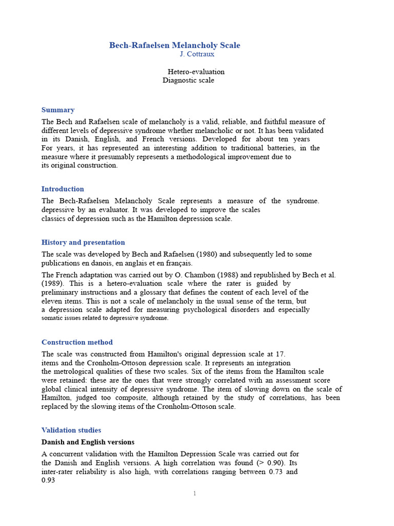 Bech-Rafaelsen Melancholy Scale Overview | PDF | Major Depressive ...