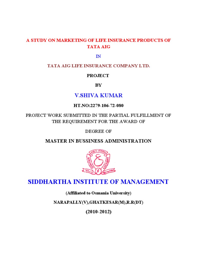 Tata Aig Project for Mba Insurance Life Insurance