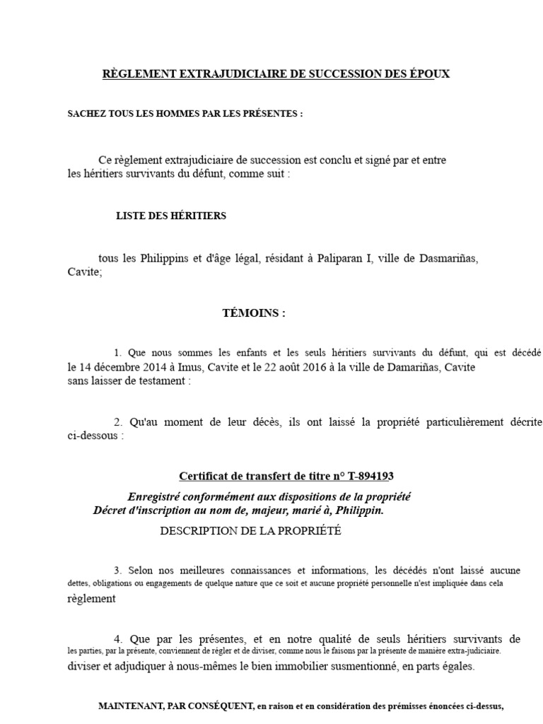 Règlement de succession extrajudiciaire | PDF
