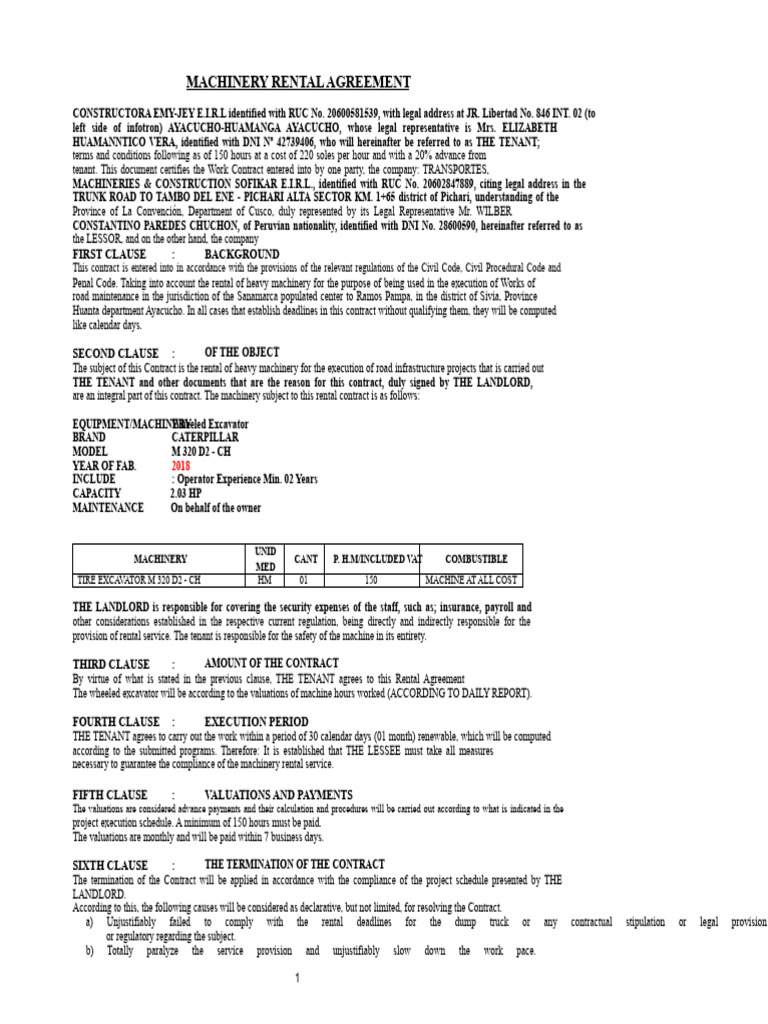 Machinery Rental Contract | PDF | Landlord | Insurance