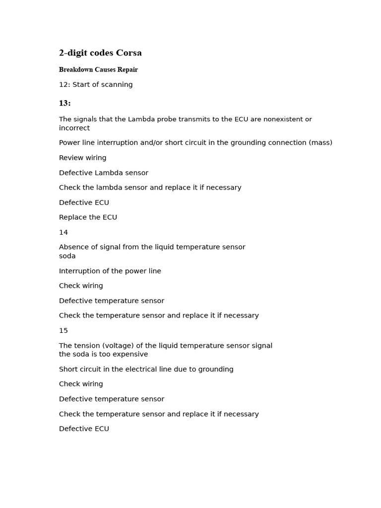 Corsa 2-Digit Code Troubleshooting Guide | PDF | Throttle | Fuel Injection