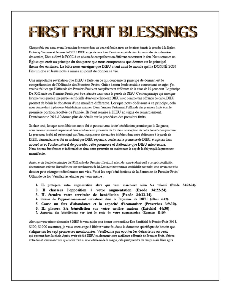 Offrande des Premiers Fruits : Bénédictions | PDF | Dieu | Doctrines et ...