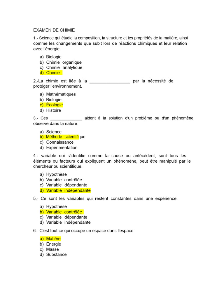Examen de Chimie : Concepts Clés et Questions | PDF | Chimie | Matière