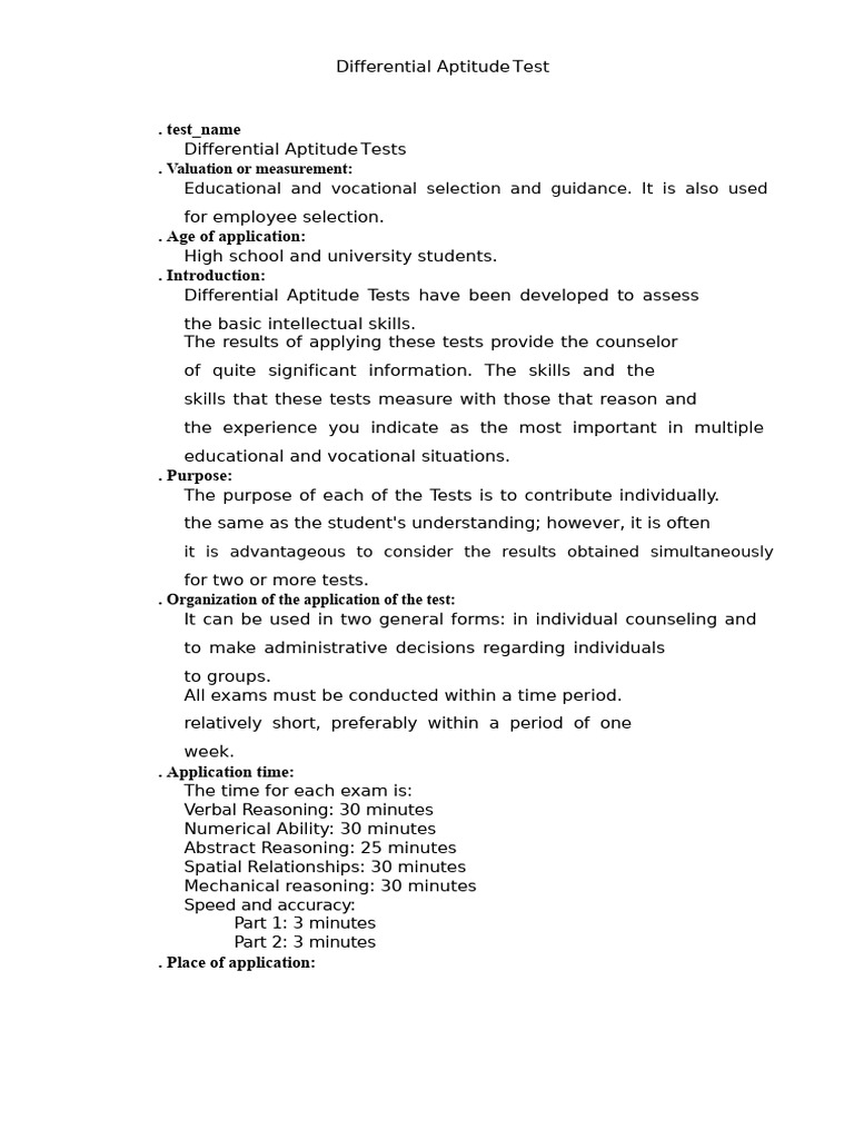 Differential Aptitude Test Overview | PDF