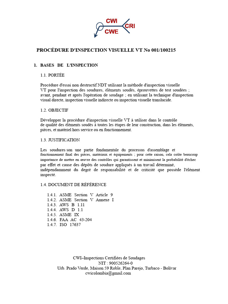 Procédure d'Inspection Visuelle VT | PDF | Soudage | Construction