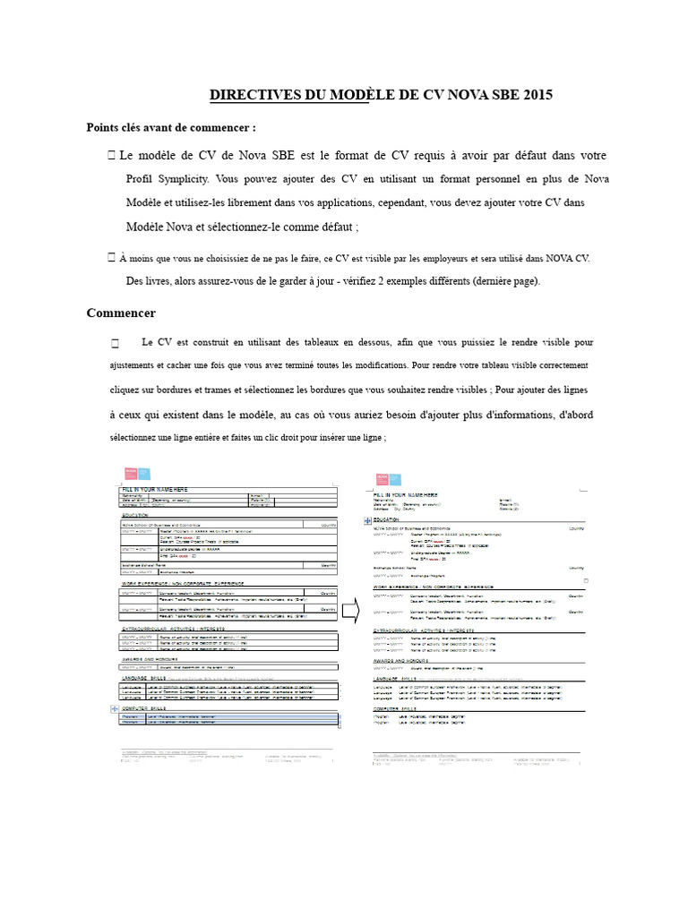 Modèle de CV Nova SBE 2015 : Directives | PDF