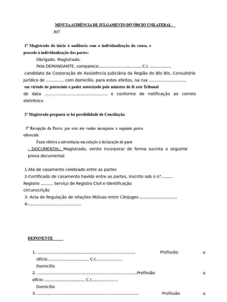 Minuta de Audiência de Julgamento de Divórcio Unilateral | PDF ...