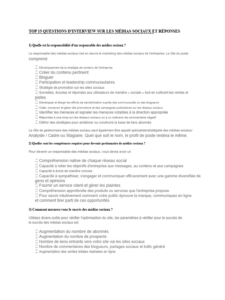 Questions d'entretien pour responsables réseaux sociaux | PDF ...