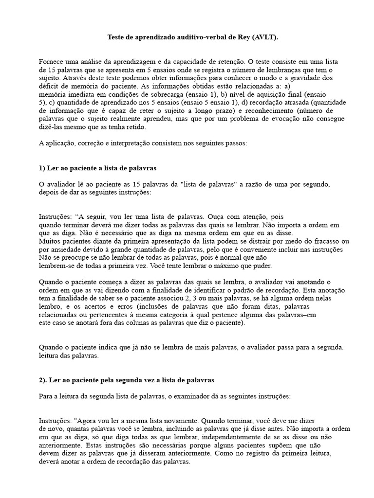Teste AVLT: Avaliação da Memória Verbal | PDF | Aprendizado | Memória