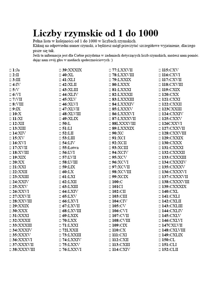Liczby Rzymskie Od 1 Do 1000 | PDF