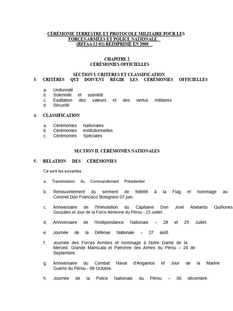 Protocole Des C r monies Militaires Au P rou PDF G n ral Rang 