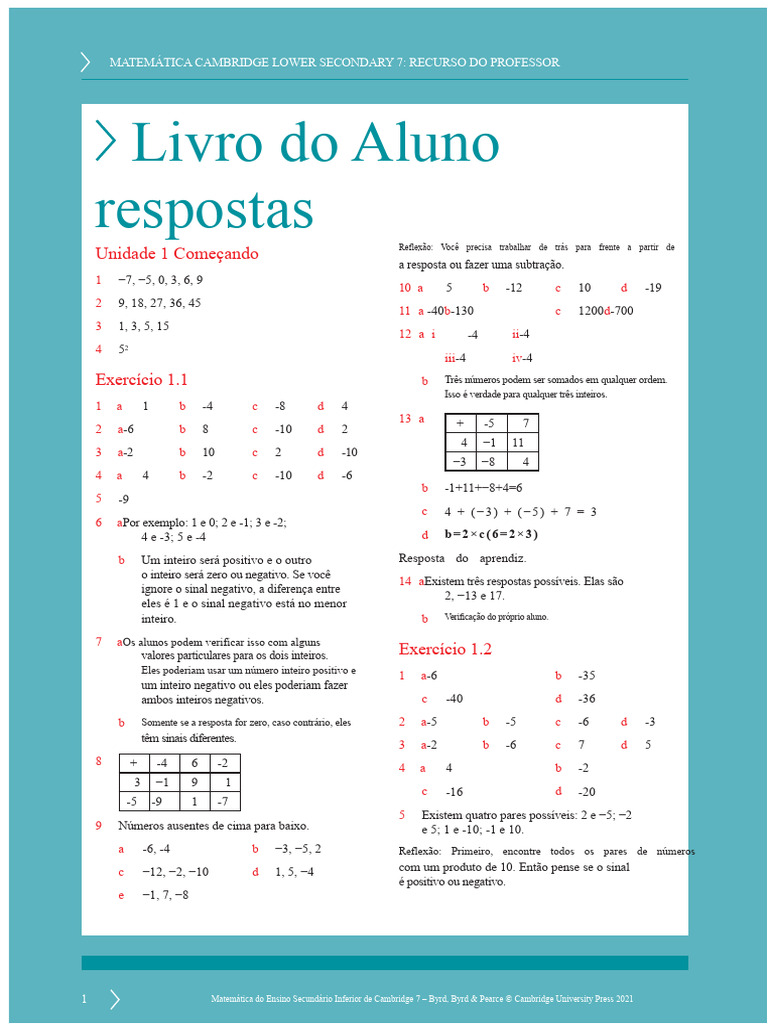Livro do Aluno de Matemática 7 Respostas - unidade 1-8 | PDF ...