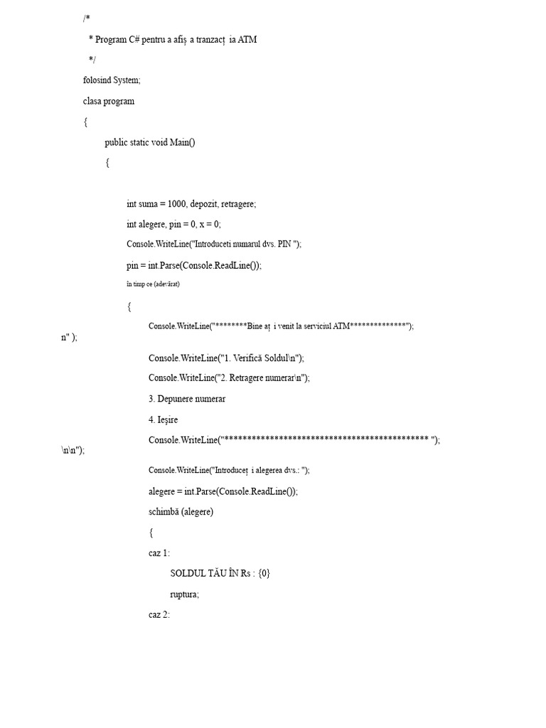 Cod C# Pentru ATM | PDF