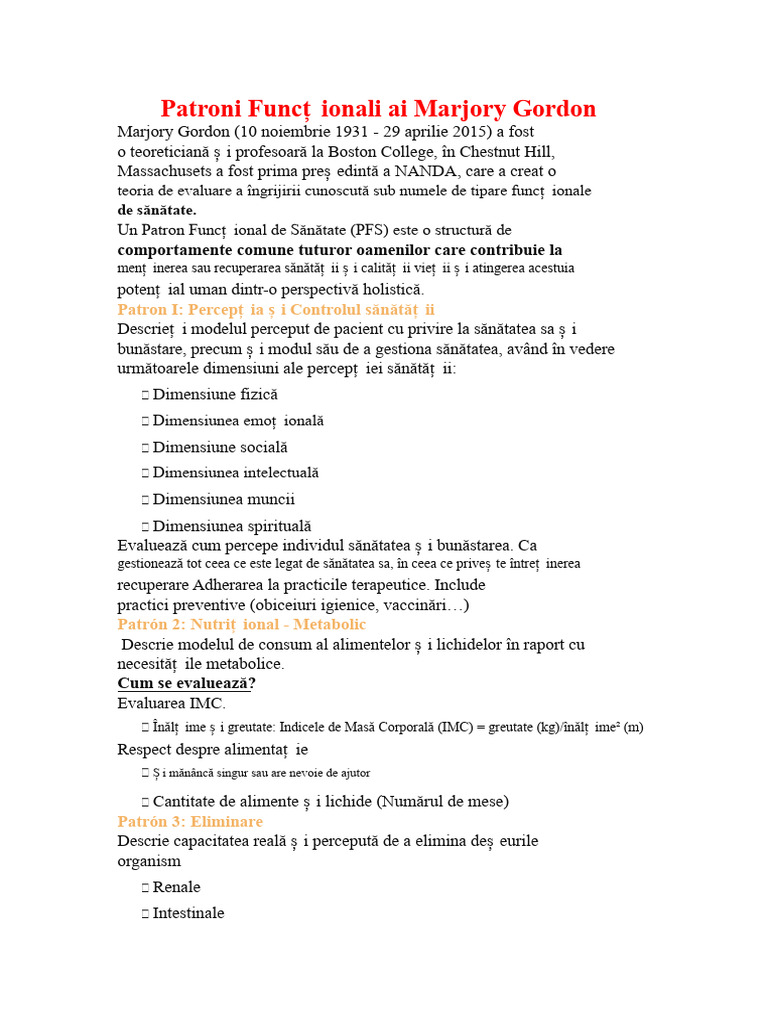 Modele Funcționale Ale Lui Marjory Gordon | PDF