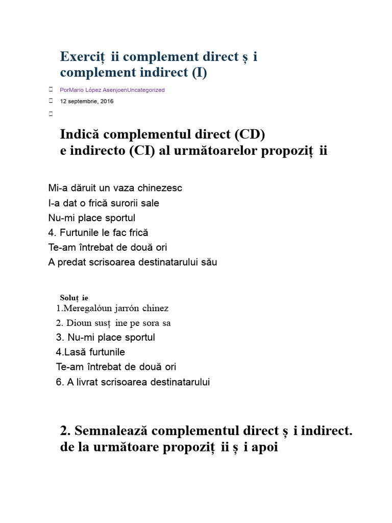 Exerciții Complement Direct Și Complement Indirect | PDF