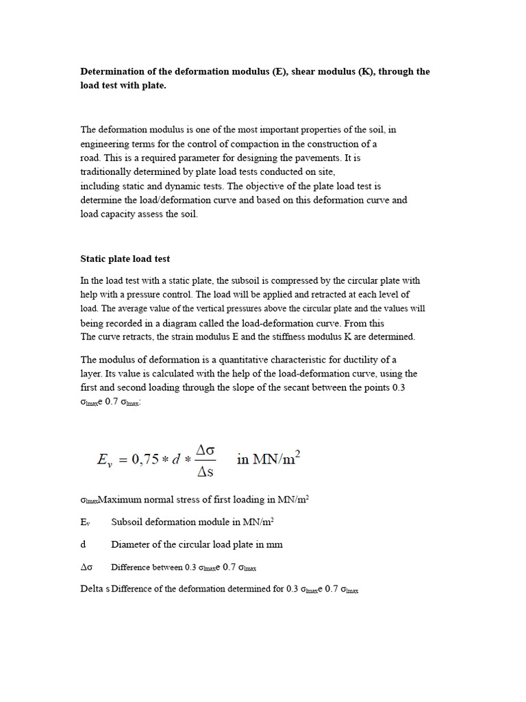 Soil Deformation Modulus via Plate Load Test | PDF | Young's Modulus ...