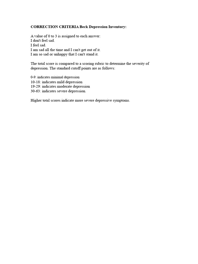 CORRECTION CRITERIA Beck Depression Inventory | PDF