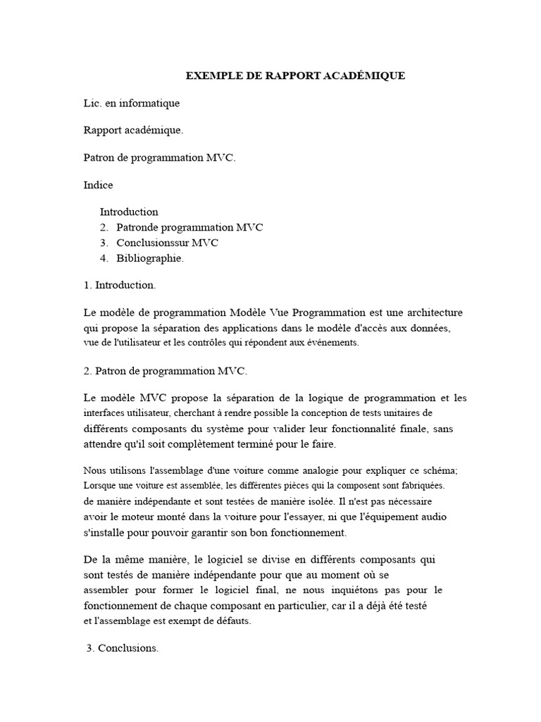 Rapport sur le modèle MVC en informatique | PDF