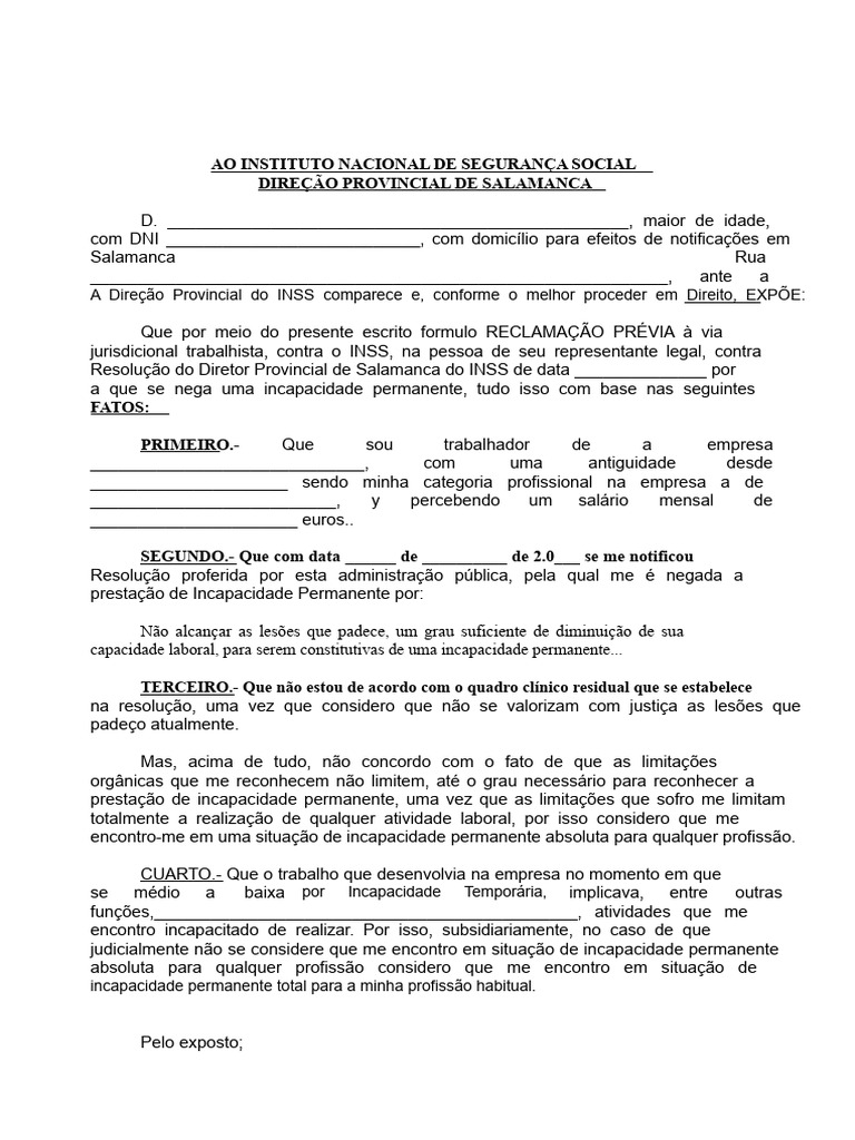 Reclamação de Incapacidade Permanente INSS | PDF | Justiça | Crime e ...