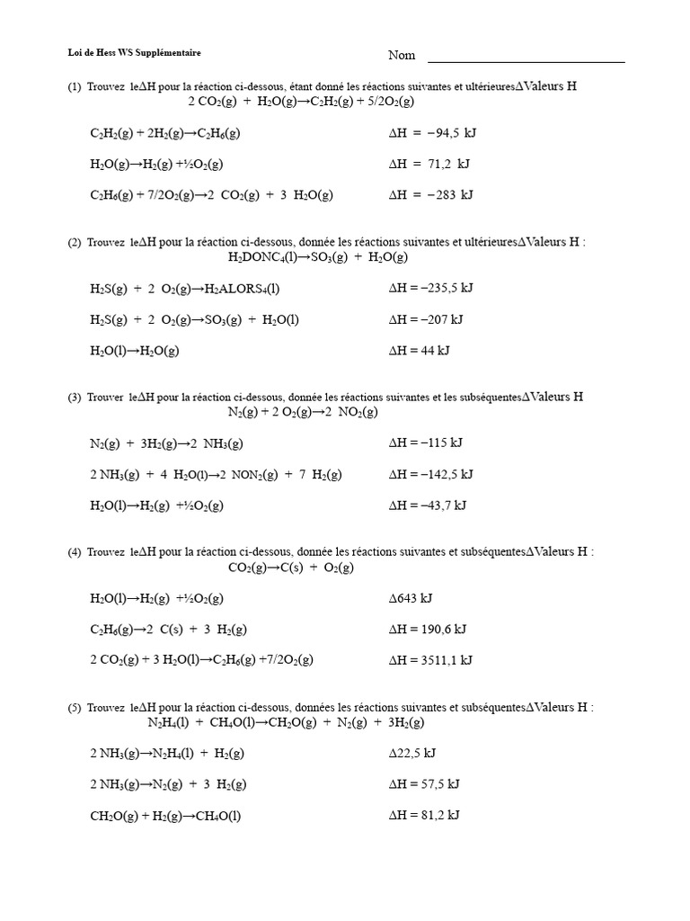 Calculs de ΔH selon la loi de Hess | PDF | Thermodynamique | Mécanique ...