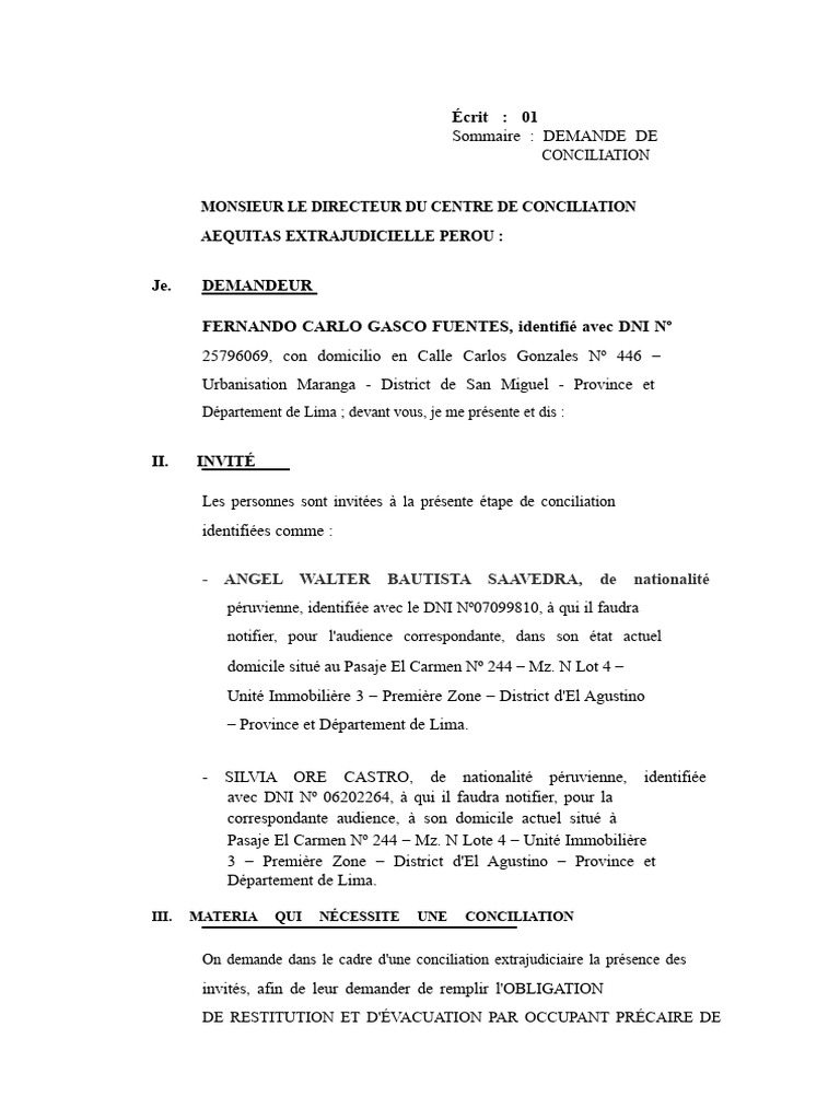 Demande de Conciliation Immobilier Lima | PDF | Arbitrage | Justice