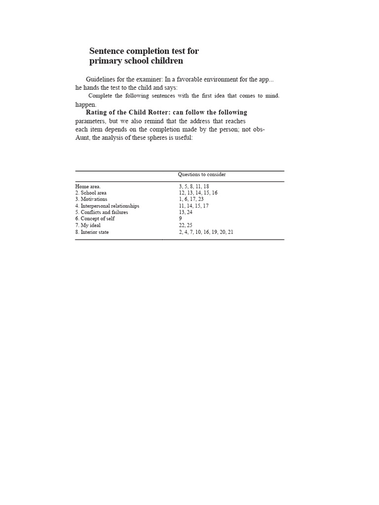 Sentence Completion Test For Primary School Children | PDF