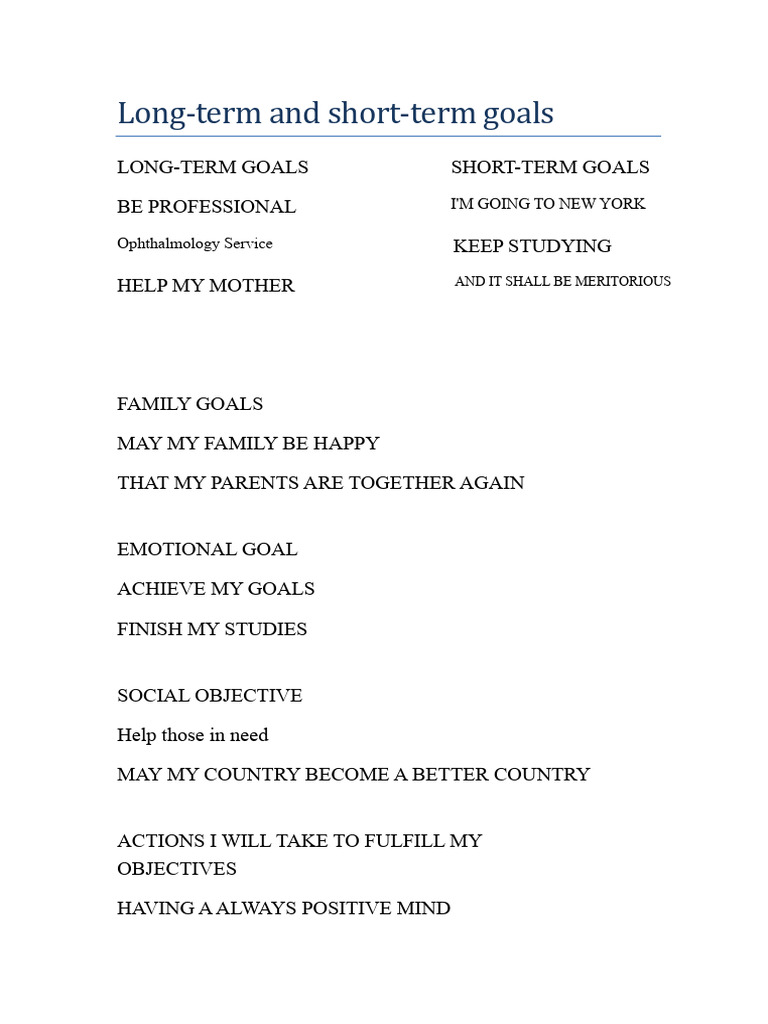 Long and Short Term Goals | PDF