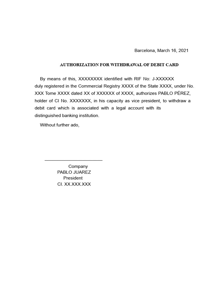 Card Withdrawal Authorization | PDF
