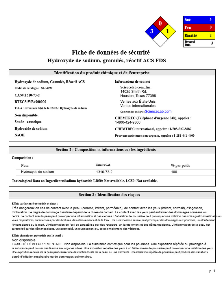 Fiche de sécurité Hydroxyde de sodium | PDF | Hydroxyde de sodium ...
