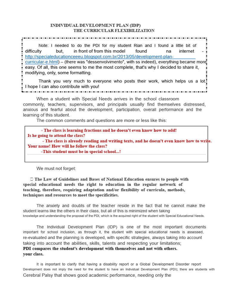 Individual Development Plan for Special Needs | PDF | Curriculum ...