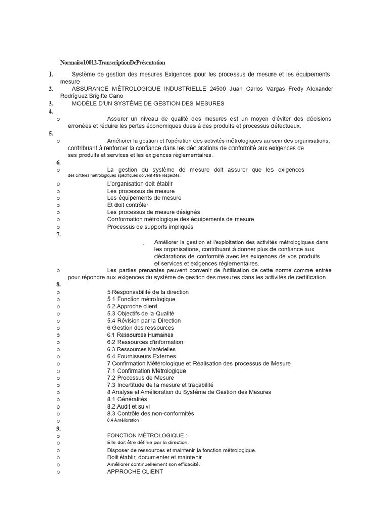 Gestion des Mesures selon ISO 10012 | PDF | Métrologie | Audit