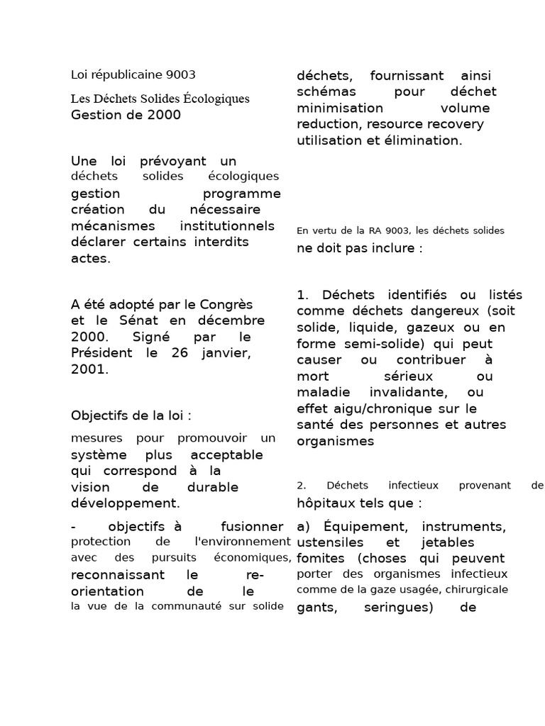Loi RA 9003 : Gestion des Déchets Solides | PDF | Déchets | Gestion des ...
