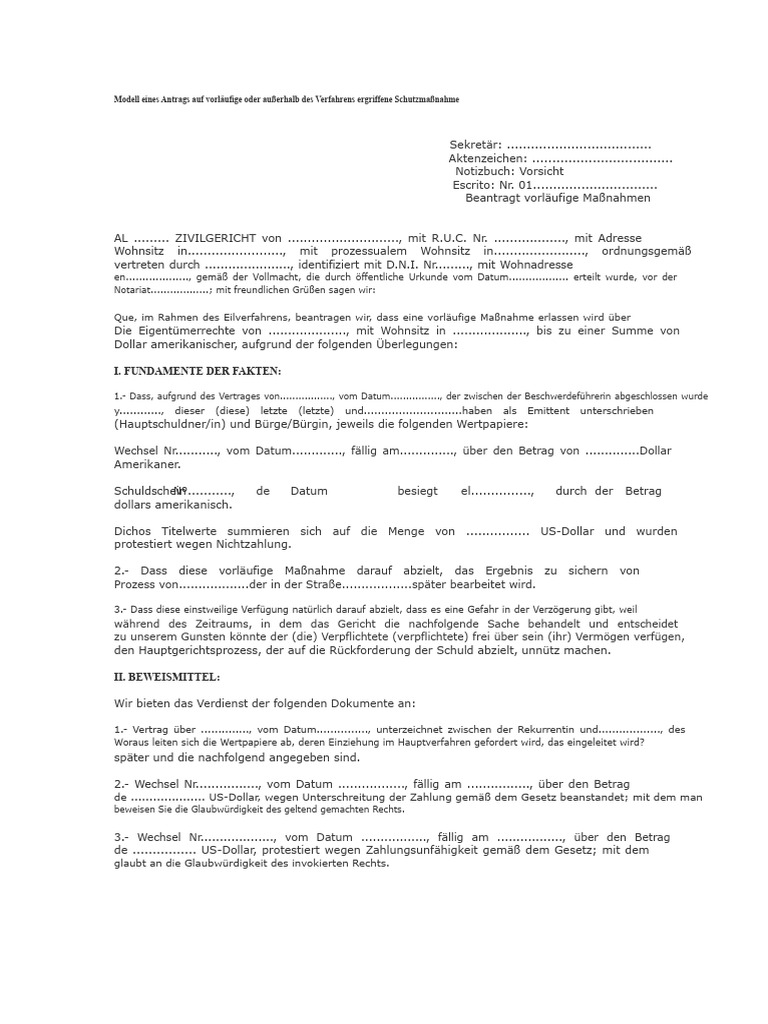 Musterantrag Auf Vorläufige Oder Außerprozessuale Einstweilige ...