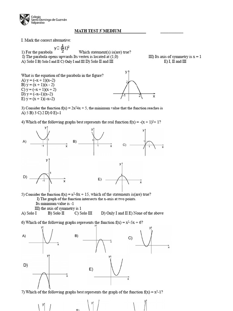 Quadratic Functions and Graphs Test | PDF | Quadratic Equation ...